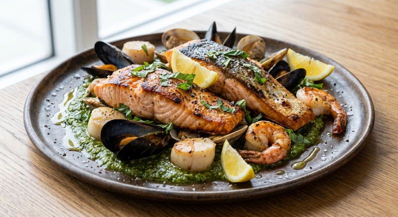 Grilled Salmon With Pesto and Mixed Seafood