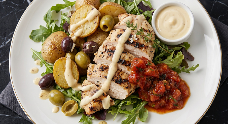 Grilled Chicken with Potatoes, Tomato Jam and Aioli