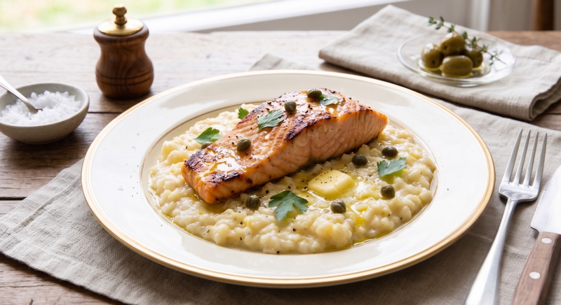 Wood Grilled Minute Steak Of Salmon with Cauliflower Cheese Risotto